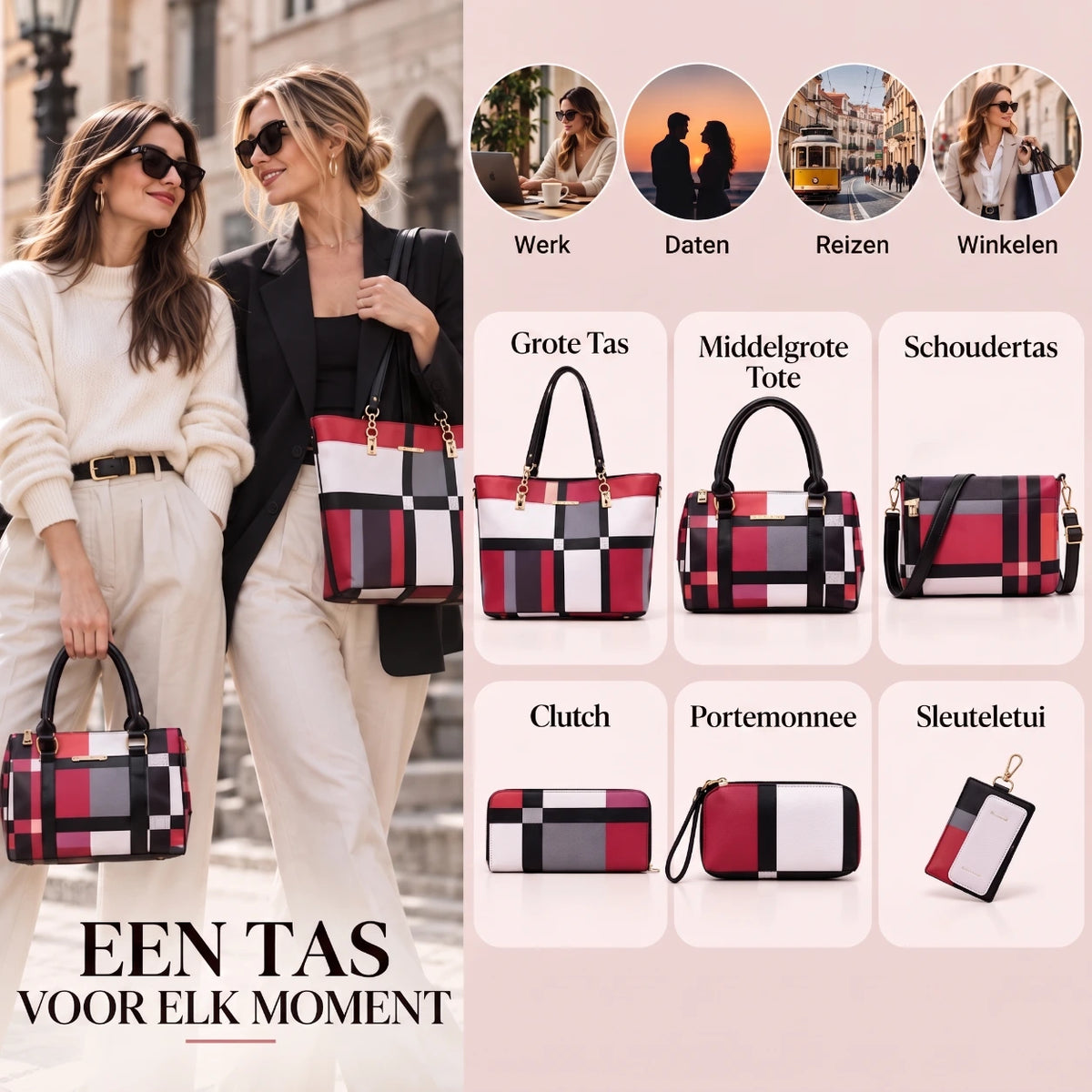 Élodie | 6-delige damestassenset – Shopper, hengseltas, crossbodytas, clutch & portemonnee